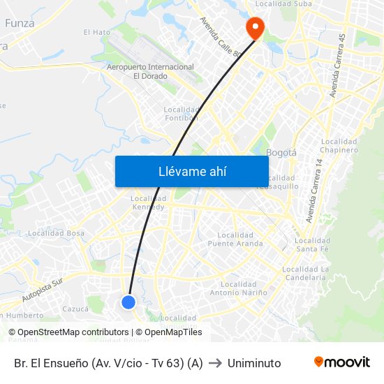 Br. El Ensueño (Av. V/cio - Tv 63) (A) to Uniminuto map