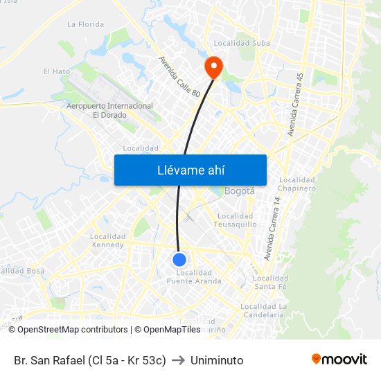 Br. San Rafael (Cl 5a - Kr 53c) to Uniminuto map