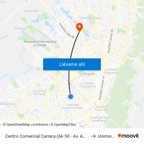 Centro Comercial Carrera (Ak 50 - Av. Américas) to Uniminuto map