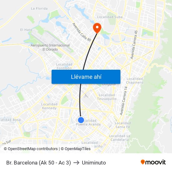 Br. Barcelona (Ak 50 - Ac 3) to Uniminuto map