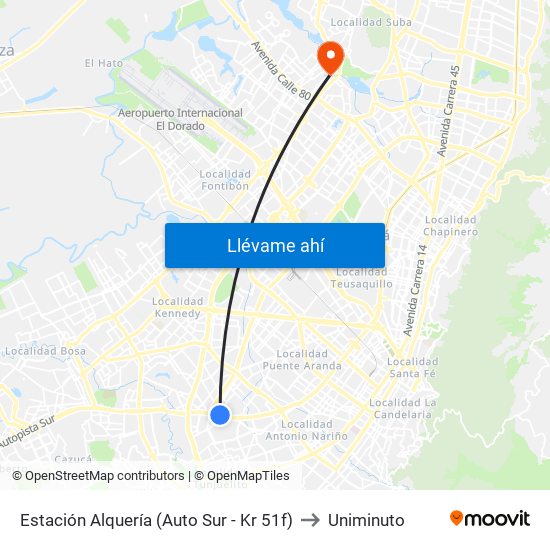 Estación Alquería (Auto Sur - Kr 51f) to Uniminuto map