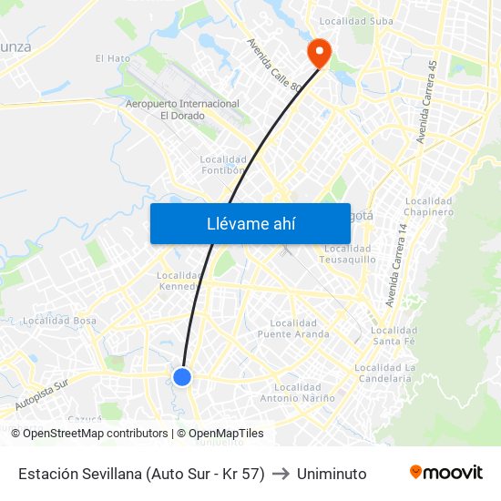 Estación Sevillana (Auto Sur - Kr 57) to Uniminuto map