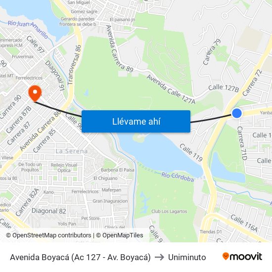 Avenida Boyacá (Ac 127 - Av. Boyacá) to Uniminuto map