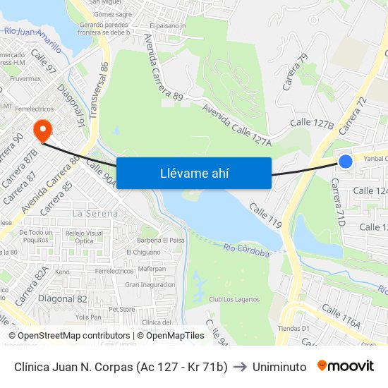 Clínica Juan N. Corpas (Ac 127 - Kr 71b) to Uniminuto map