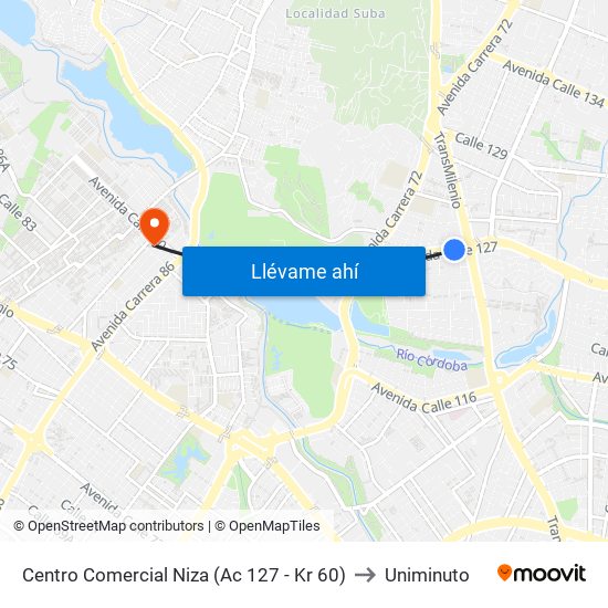 Centro Comercial Niza (Ac 127 - Kr 60) to Uniminuto map
