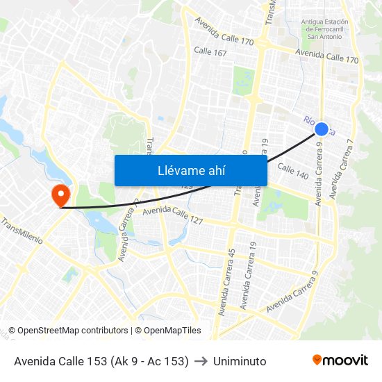 Avenida Calle 153 (Ak 9 - Ac 153) to Uniminuto map