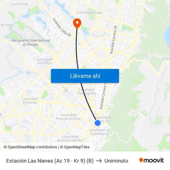 Estación Las Nieves (Ac 19 - Kr 9) (B) to Uniminuto map