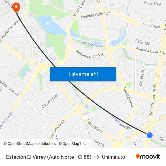 Estación El Virrey (Auto Norte - Cl 88) to Uniminuto map