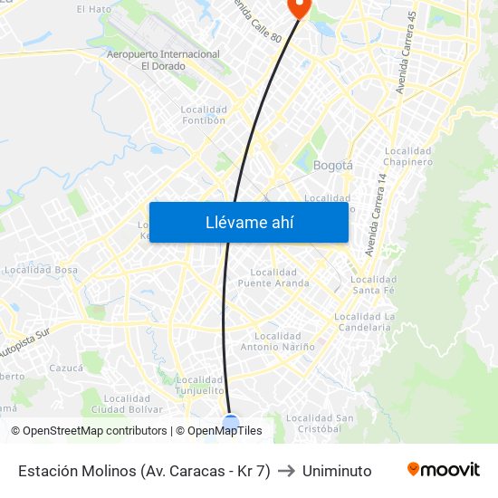 Estación Molinos (Av. Caracas - Kr 7) to Uniminuto map