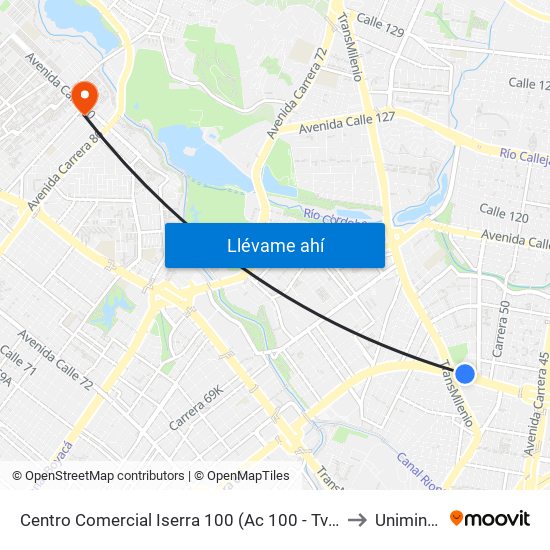 Centro Comercial Iserra 100 (Ac 100 - Tv 55) (A) to Uniminuto map