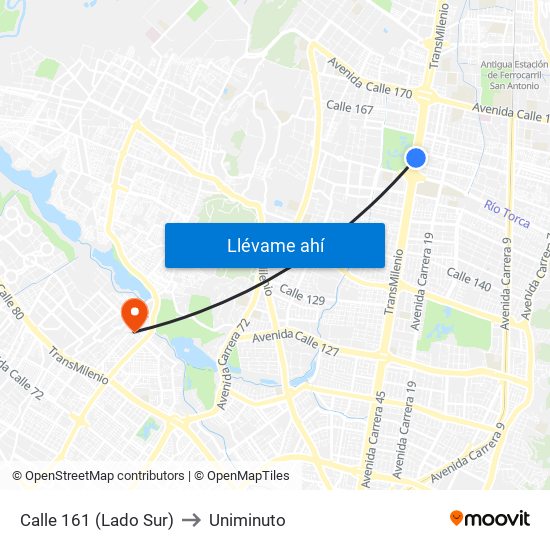 Calle 161 (Lado Sur) to Uniminuto map