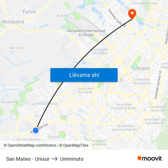 San Mateo - Unisur to Uniminuto map