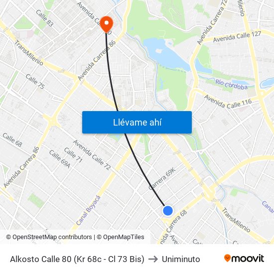 Alkosto Calle 80 (Kr 68c - Cl 73 Bis) to Uniminuto map