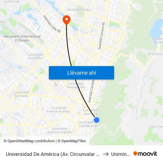 Universidad De América (Av. Circunvalar - Cl 19a) to Uniminuto map