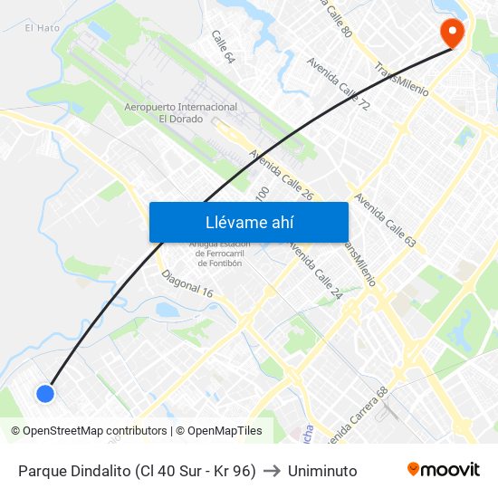 Parque Dindalito (Cl 40 Sur - Kr 96) to Uniminuto map