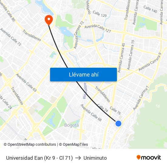 Universidad Ean (Kr 9 - Cl 71) to Uniminuto map