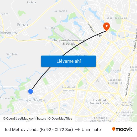 Ied Metrovivienda (Kr 92 - Cl 72 Sur) to Uniminuto map