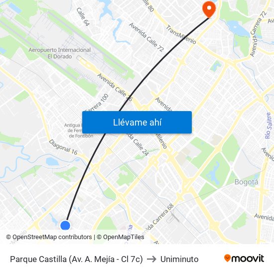 Parque Castilla (Av. A. Mejía - Cl 7c) to Uniminuto map