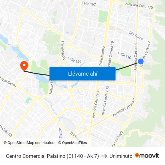 Centro Comercial Palatino (Cl 140 - Ak 7) to Uniminuto map