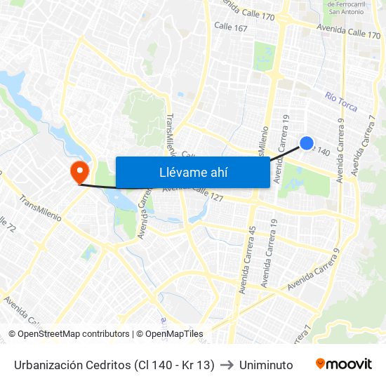 Urbanización Cedritos (Cl 140 - Kr 13) to Uniminuto map