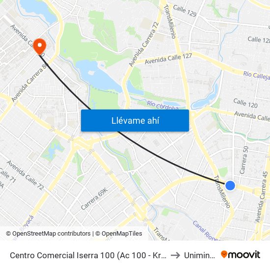 Centro Comercial Iserra 100 (Ac 100 - Kr 54) (B) to Uniminuto map