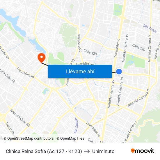 Clínica Reina Sofía (Ac 127 - Kr 20) to Uniminuto map