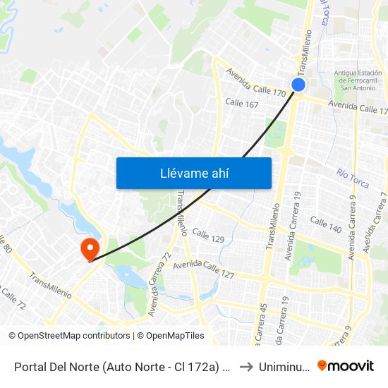 Portal Del Norte (Auto Norte - Cl 172a) (B) to Uniminuto map