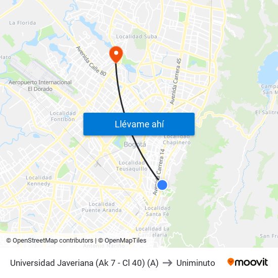 Universidad Javeriana (Ak 7 - Cl 40) (A) to Uniminuto map