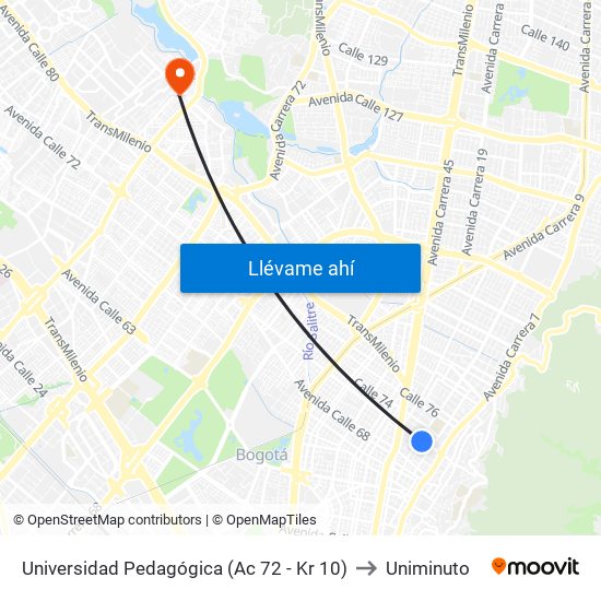 Universidad Pedagógica (Ac 72 - Kr 10) to Uniminuto map