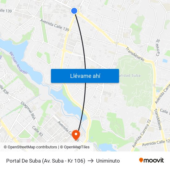 Portal De Suba (Av. Suba - Kr 106) to Uniminuto map