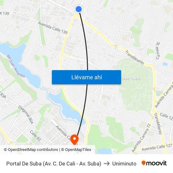 Portal De Suba (Av. C. De Cali - Av. Suba) to Uniminuto map