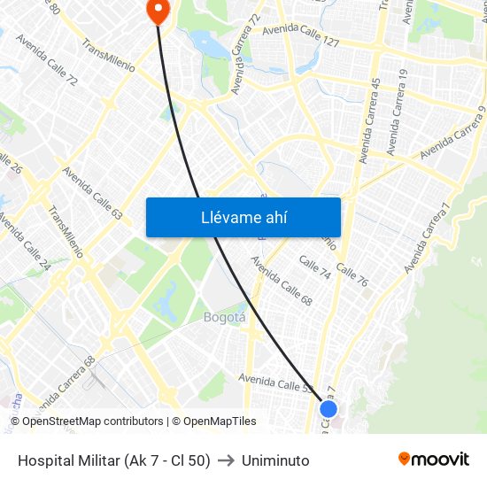 Hospital Militar (Ak 7 - Cl 50) to Uniminuto map