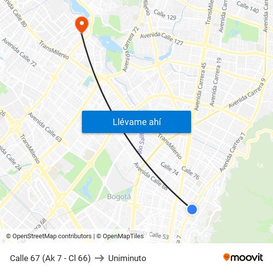Calle 67 (Ak 7 - Cl 66) to Uniminuto map