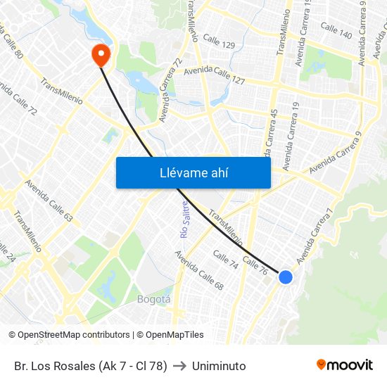 Br. Los Rosales (Ak 7 - Cl 78) to Uniminuto map