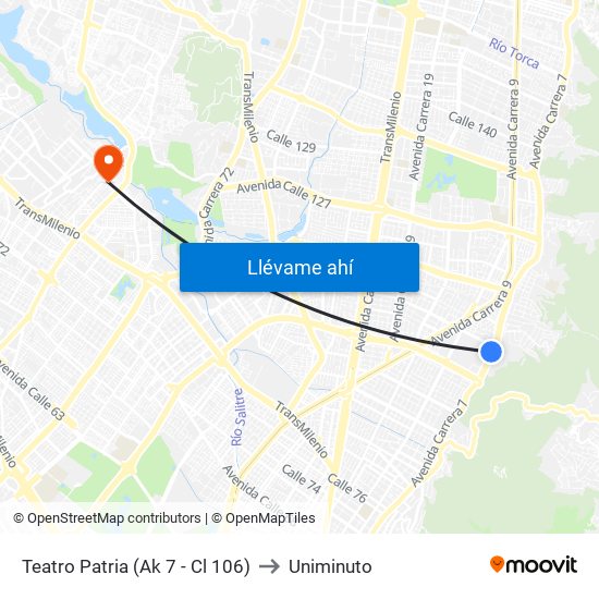 Teatro Patria (Ak 7 - Cl 106) to Uniminuto map