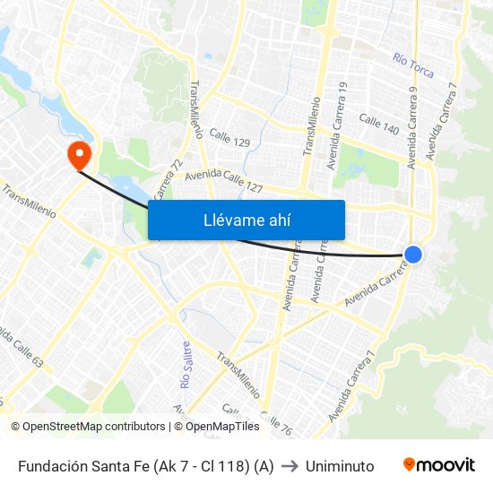 Fundación Santa Fe (Ak 7 - Cl 118) (A) to Uniminuto map