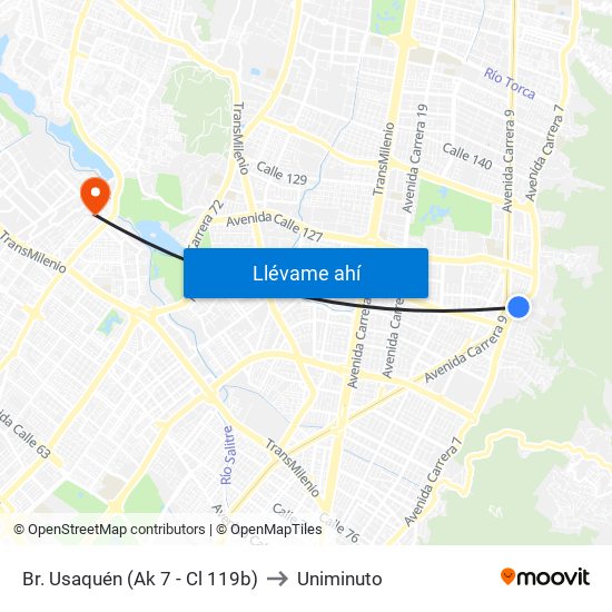 Br. Usaquén (Ak 7 - Cl 119b) to Uniminuto map