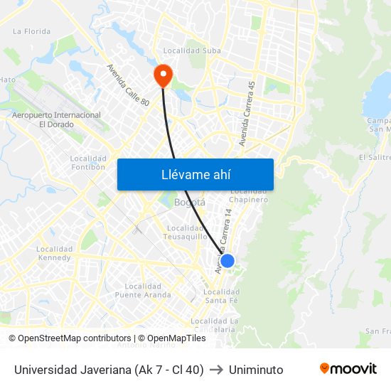 Universidad Javeriana (Ak 7 - Cl 40) to Uniminuto map