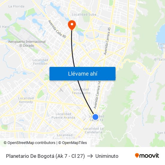 Planetario De Bogotá (Ak 7 - Cl 27) to Uniminuto map