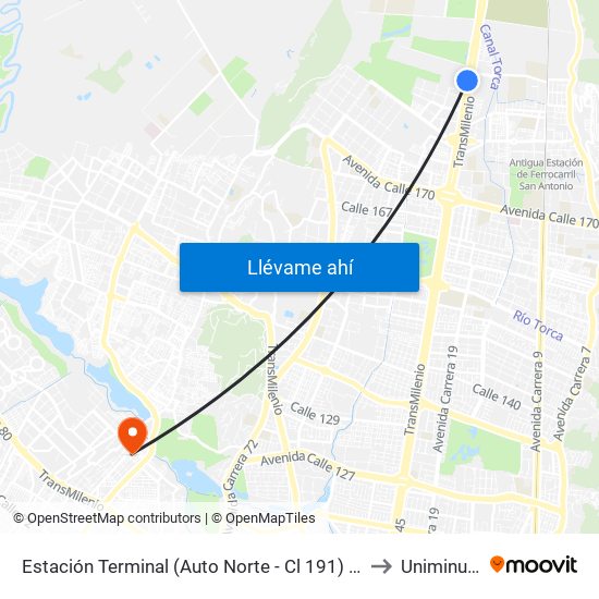 Estación Terminal (Auto Norte - Cl 191) (B) to Uniminuto map