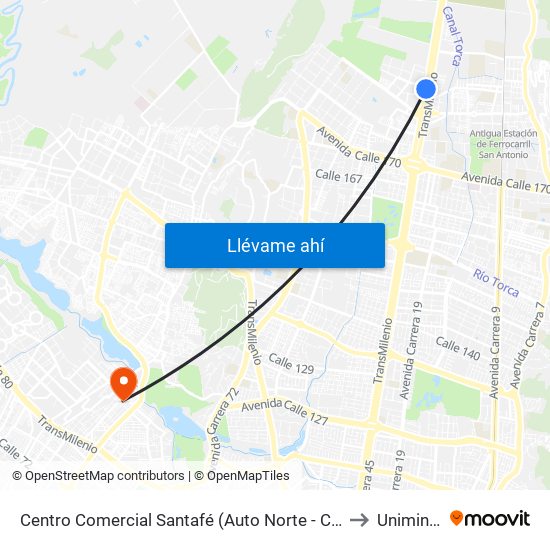 Centro Comercial Santafé (Auto Norte - Cl 187) (A) to Uniminuto map