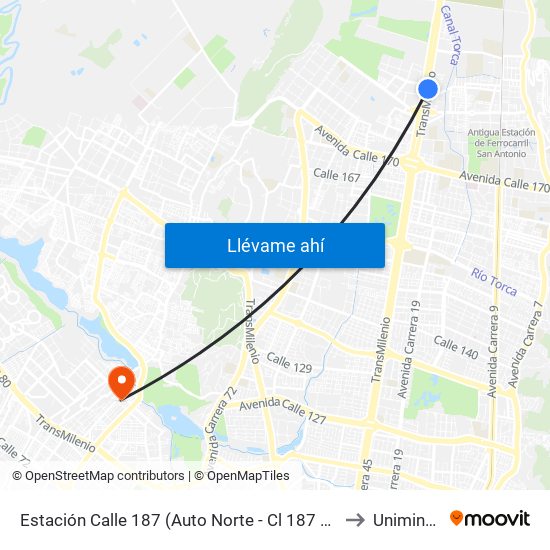 Estación Calle 187 (Auto Norte - Cl 187 Bis) (A) to Uniminuto map