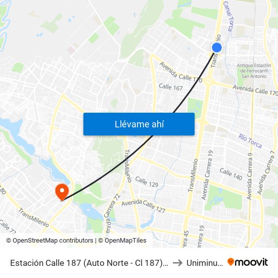 Estación Calle 187 (Auto Norte - Cl 187) (B) to Uniminuto map