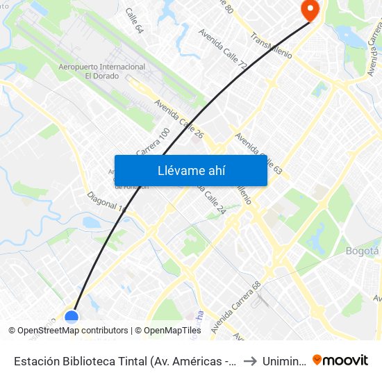 Estación Biblioteca Tintal (Av. Américas - Kr 82) (A) to Uniminuto map