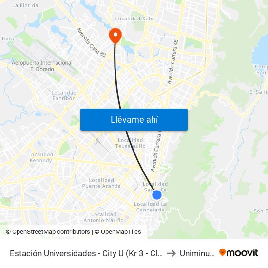 Estación Universidades (Kr 3 - Cl 21) to Uniminuto map