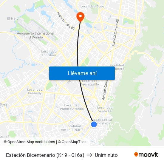 Estación Bicentenario (Kr 9 - Cl 6a) to Uniminuto map