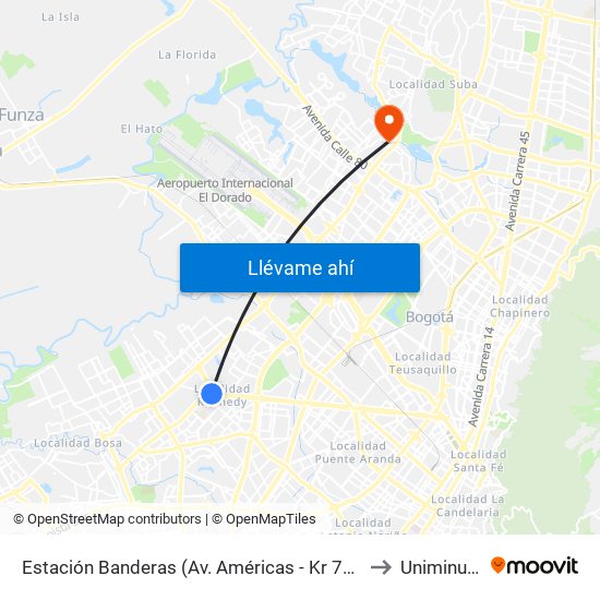 Estación Banderas (Av. Américas - Kr 79b) to Uniminuto map