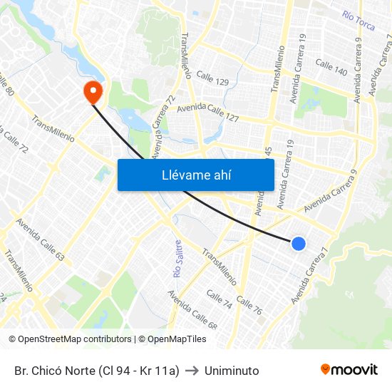 Br. Chicó Norte (Cl 94 - Kr 11a) to Uniminuto map