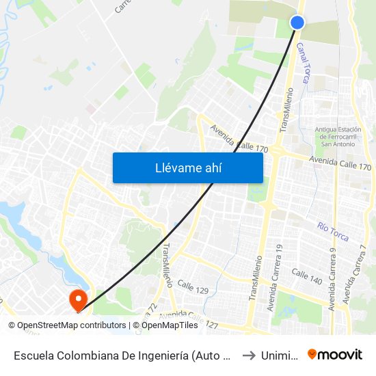 Escuela Colombiana De Ingeniería (Auto Norte - Cl 205) to Uniminuto map