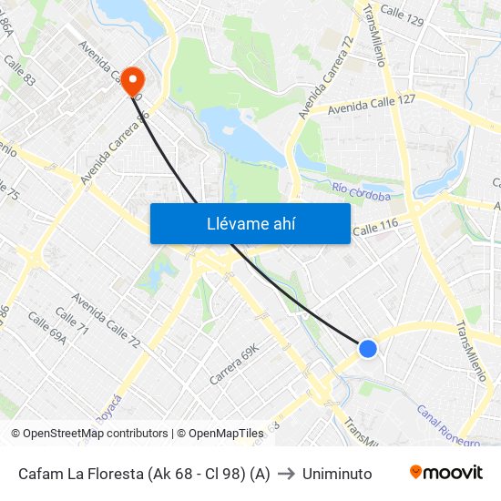 Cafam La Floresta (Ak 68 - Cl 98) (A) to Uniminuto map